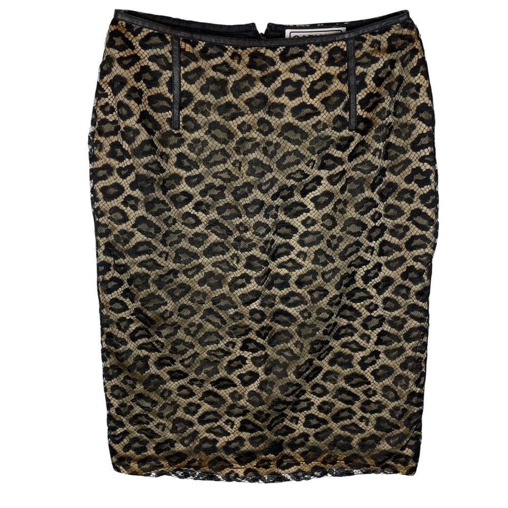 CARLISLE Leopard Lace Pencil Skirt‎ Black Gold Leather Trim Knee Length Size 4